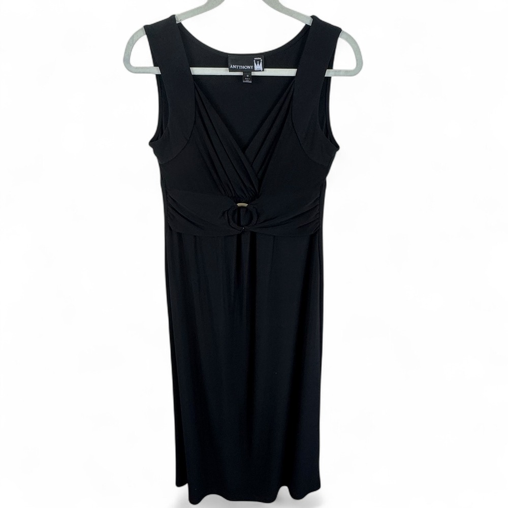 Antthony Originals Womens Black V-Neck Ruched Midi Dress Gold Ring Accent Medium